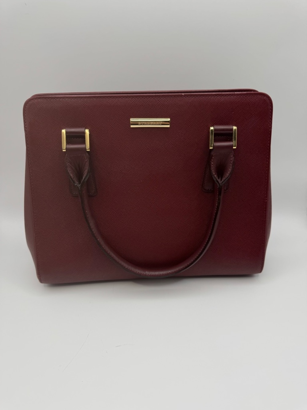 Burberry Saffiano Leather Structured Tote Satchel | Oxblood | Gold HW